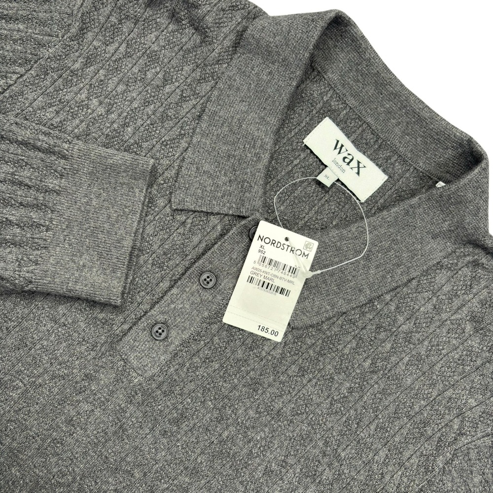 Wax London Oban Polo Sweater Mens XL Grey Cashmere Blend Ribbed Diamond Knit NWT